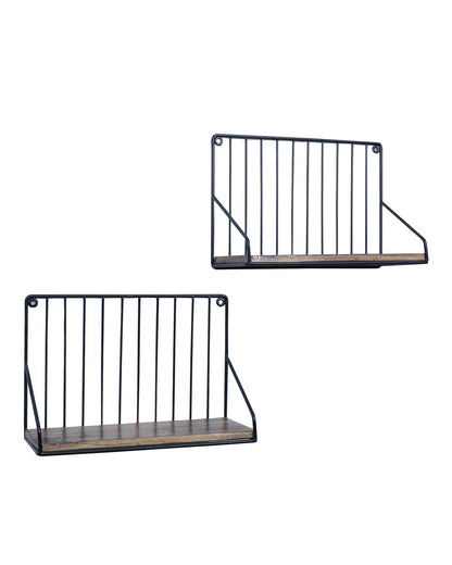 Metal Iron Wall Mount Shelf Bookshelf Floating Storage Rack Organization for Kitchen Bedroom Home Decor Kid Room DIY Wall Decorations Plants Holder with Wood Base, Single Set of 2