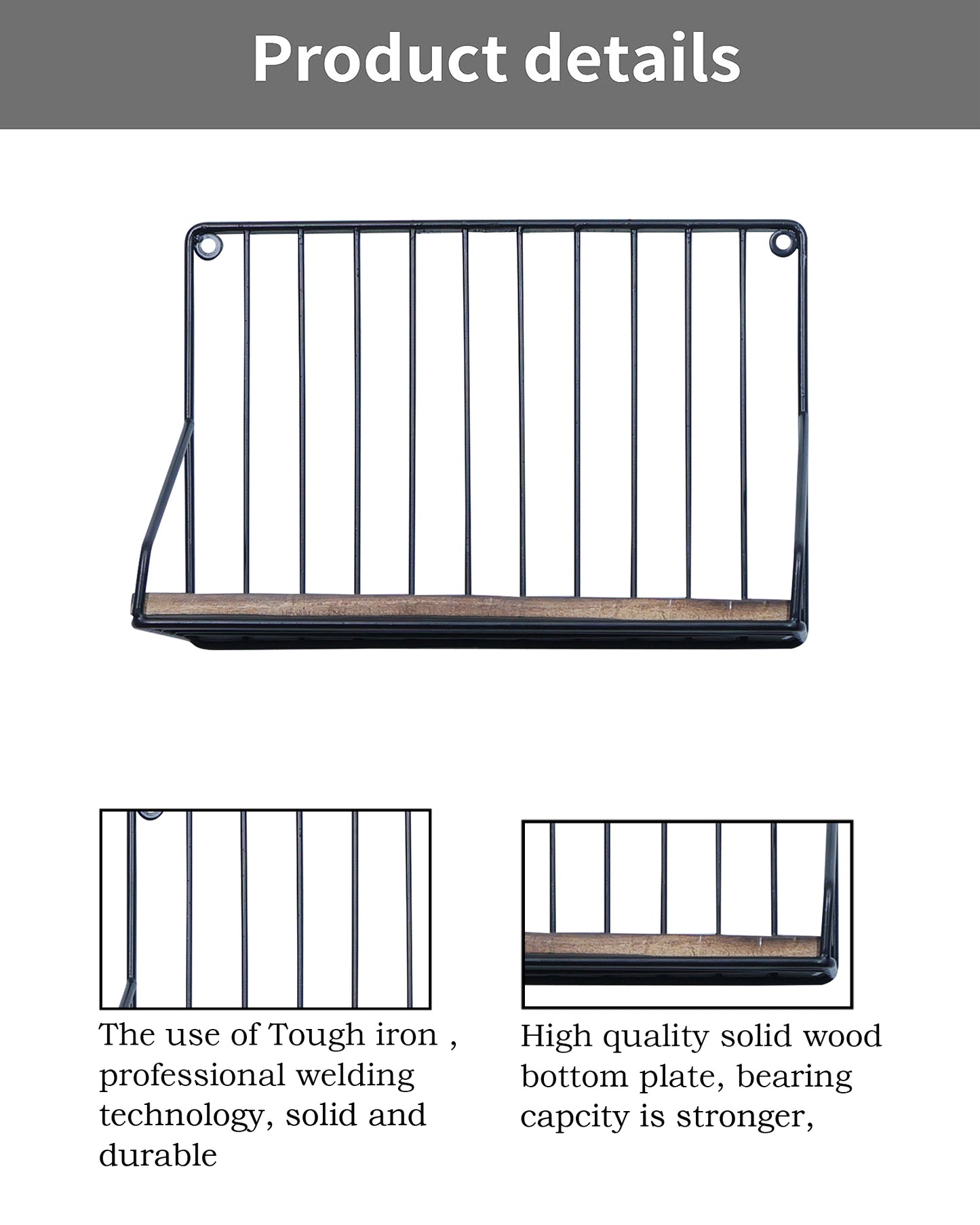 Metal Iron Wall Mount Shelf Bookshelf Floating Storage Rack Organization for Kitchen Bedroom Home Decor Kid Room DIY Wall Decorations Plants Holder with Wood Base, Single Set of 2