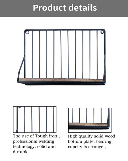 Metal Iron Wall Mount Shelf Bookshelf Floating Storage Rack Organization for Kitchen Bedroom Home Decor Kid Room DIY Wall Decorations Plants Holder with Wood Base, Single Set of 2