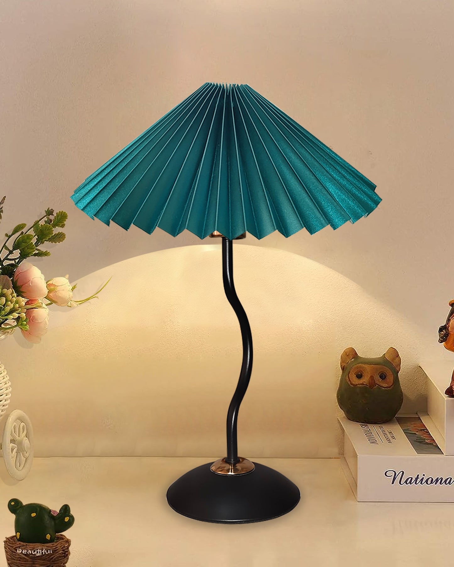 Matt Black Twister Small Pleated Lamp, Modern Bedside Nightstand/Table Lamp with Green Lampshade, Metal Base for Bedroom, Home Office, Living Room, Kids Dorm, E14 Holder