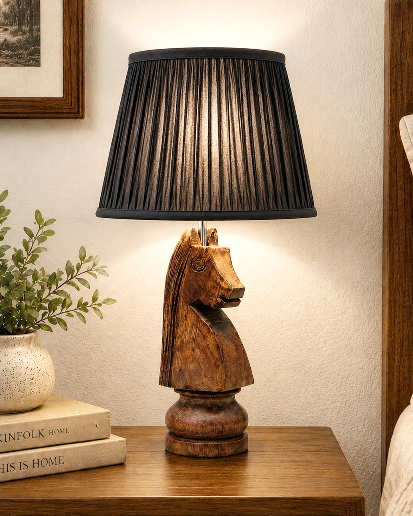 Chess Bedside Table Desk Lamp Rustic Wood Base Fabric Shade for Décor, Accent Light, Gameroom, Kids', Living Room, Bedroom, Office, Resturant