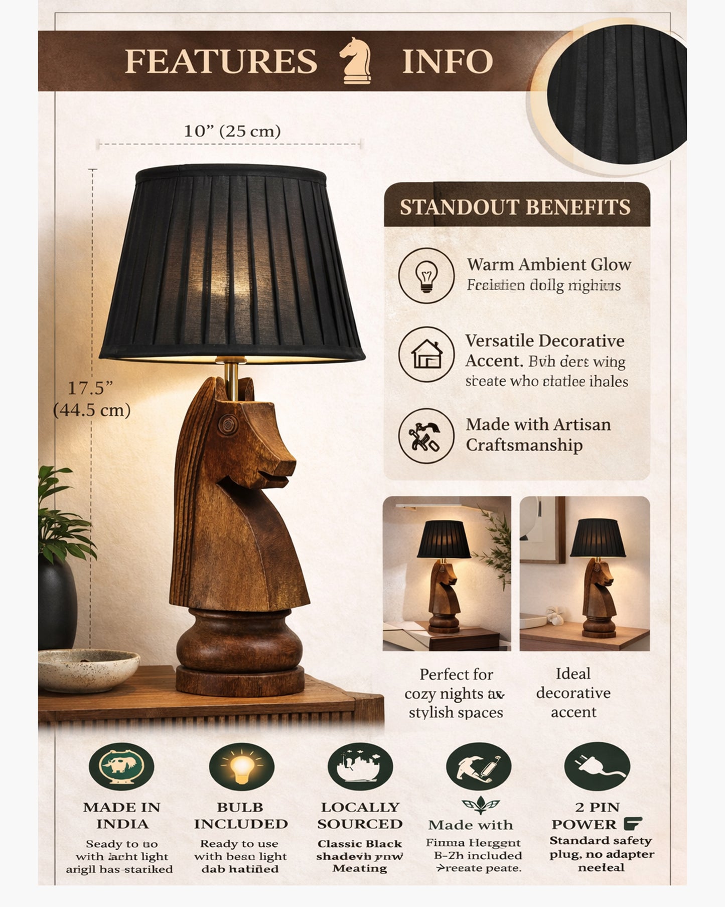 Chess Bedside Table Desk Lamp Rustic Wood Base Fabric Shade for Décor, Accent Light, Gameroom, Kids', Living Room, Bedroom, Office, Resturant