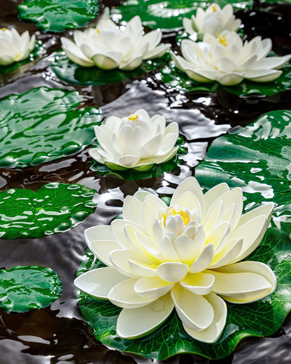 Artificial Floating Foam Lotus Flower with Water Lily Pad, Lifelike Ornanment Perfect for Home Garden Pond Decoration Puja , 10 cm, set of 6