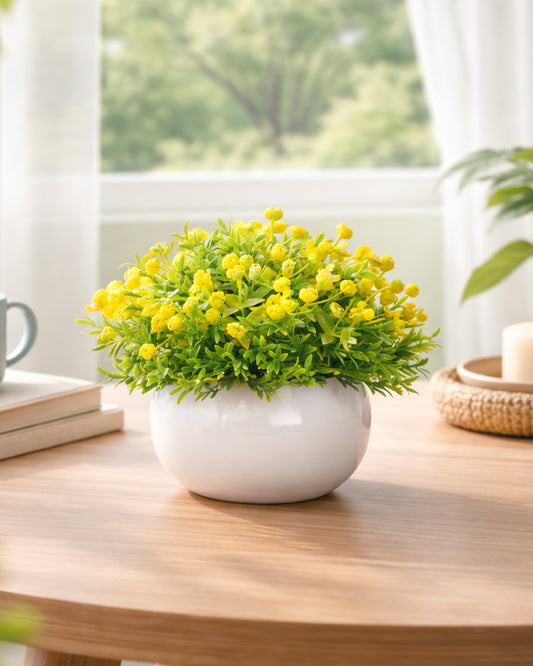 Homesake® Ice Italian Rose Bunch Artificial faux Decorative Yellow Flower Plant, Table Centerpieces, Floral Arrangements, White Metal Pot