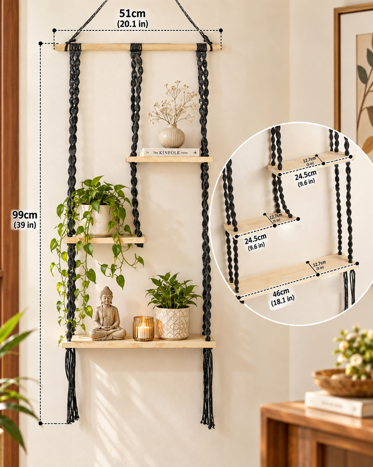 Macrame Hanging Shelf, Pine Wood Wall Shelves with Handmade Woven Hanger, 3 Tier Rope Floating Shelf for Photo Frames, Small Plants, Boho Home Decor Kitchen, Bathroom,Balcony, Home Storage