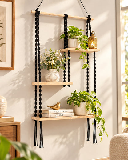 Macrame Hanging Shelf, Pine Wood Wall Shelves with Handmade Woven Hanger, 3 Tier Rope Floating Shelf for Photo Frames, Small Plants, Boho Home Decor Kitchen, Bathroom,Balcony, Home Storage