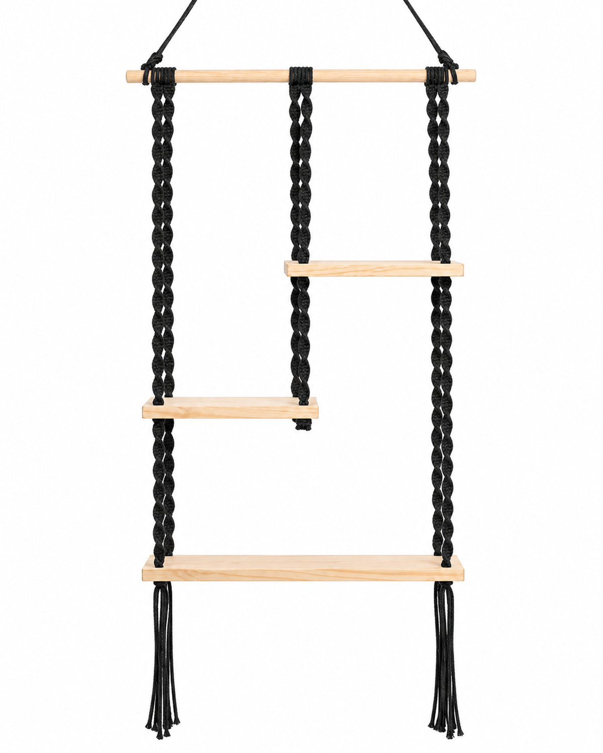 Macrame Hanging Shelf, Pine Wood Wall Shelves with Handmade Woven Hanger, 3 Tier Rope Floating Shelf for Photo Frames, Small Plants, Boho Home Decor Kitchen, Bathroom,Balcony, Home Storage