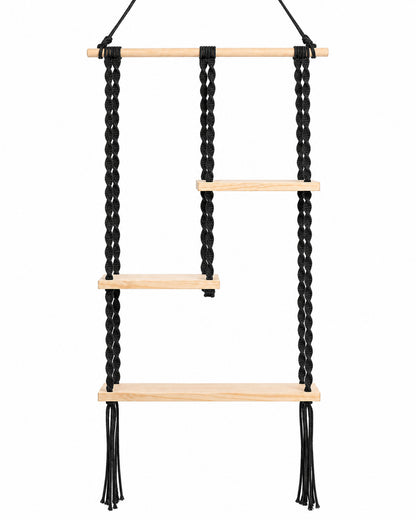 Macrame Hanging Shelf, Pine Wood Wall Shelves with Handmade Woven Hanger, 3 Tier Rope Floating Shelf for Photo Frames, Small Plants, Boho Home Decor Kitchen, Bathroom,Balcony, Home Storage