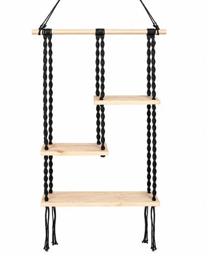Macrame Hanging Shelf, Pine Wood Wall Shelves with Handmade Woven Hanger, 3 Tier Rope Floating Shelf for Photo Frames, Small Plants, Boho Home Decor Kitchen, Bathroom,Balcony, Home Storage