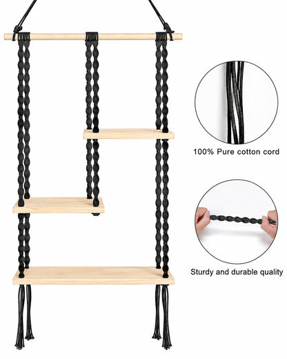 Macrame Hanging Shelf, Pine Wood Wall Shelves with Handmade Woven Hanger, 3 Tier Rope Floating Shelf for Photo Frames, Small Plants, Boho Home Decor Kitchen, Bathroom,Balcony, Home Storage