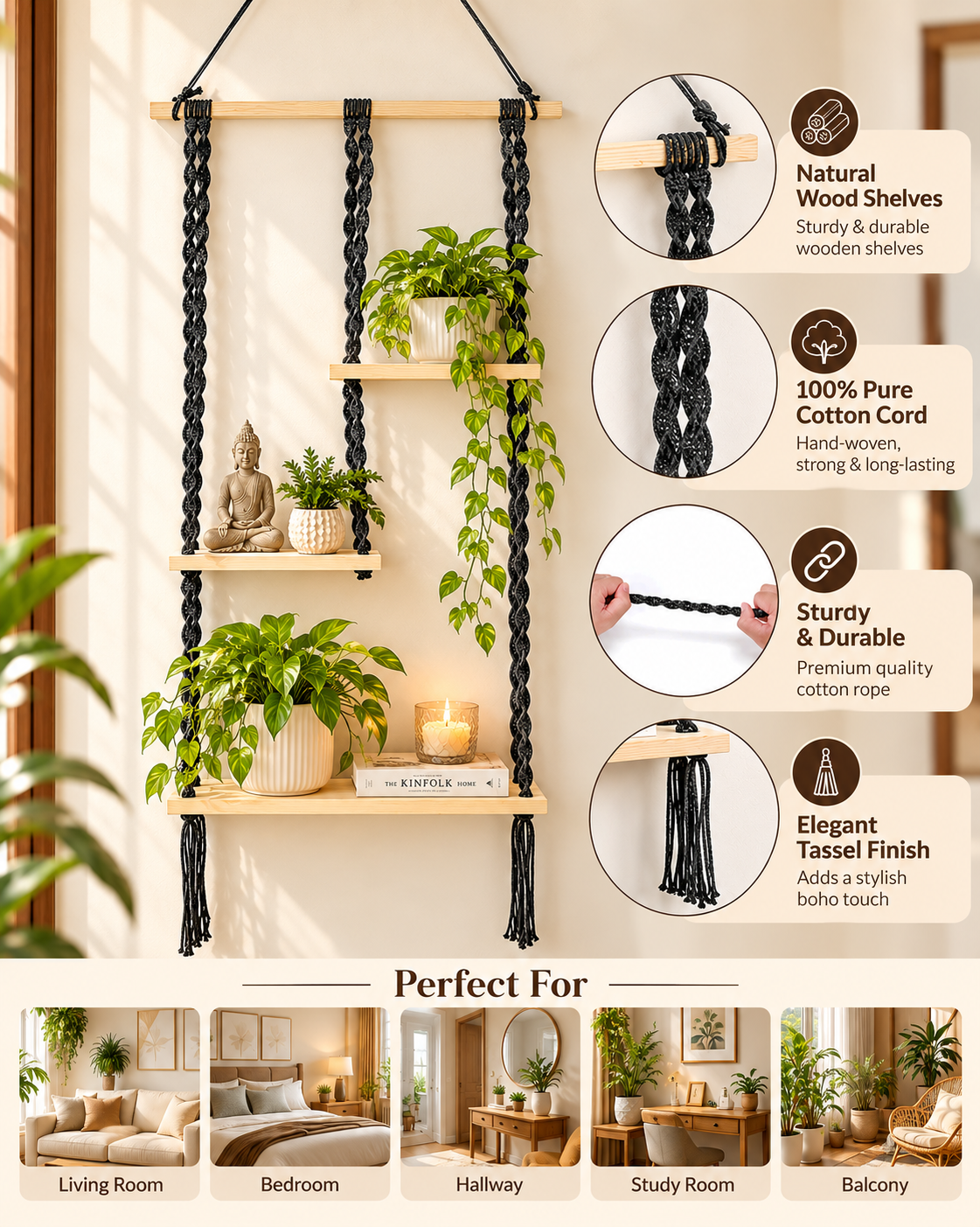 Macrame Hanging Shelf, Pine Wood Wall Shelves with Handmade Woven Hanger, 3 Tier Rope Floating Shelf for Photo Frames, Small Plants, Boho Home Decor Kitchen, Bathroom,Balcony, Home Storage