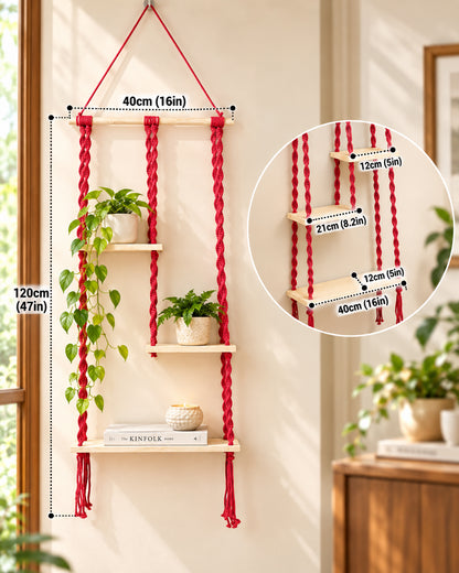 Macrame Hanging Shelf, Pine Wood Wall Shelves with Handmade Woven Hanger, 3 Tier Rope Floating Shelf for Photo Frames, Small Plants, Boho Home Decor Kitchen, Bathroom,Balcony, Home Storage