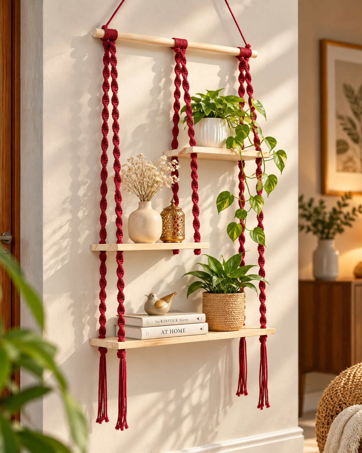 Macrame Hanging Shelf, Pine Wood Wall Shelves with Handmade Woven Hanger, 3 Tier Rope Floating Shelf for Photo Frames, Small Plants, Boho Home Decor Kitchen, Bathroom,Balcony, Home Storage