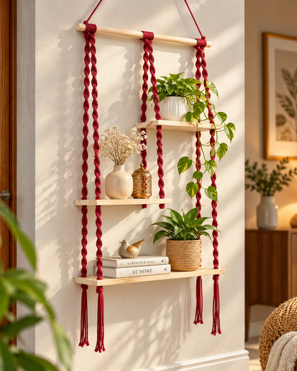 Macrame Hanging Shelf, Pine Wood Wall Shelves with Handmade Woven Hanger, 3 Tier Rope Floating Shelf for Photo Frames, Small Plants, Boho Home Decor Kitchen, Bathroom,Balcony, Home Storage