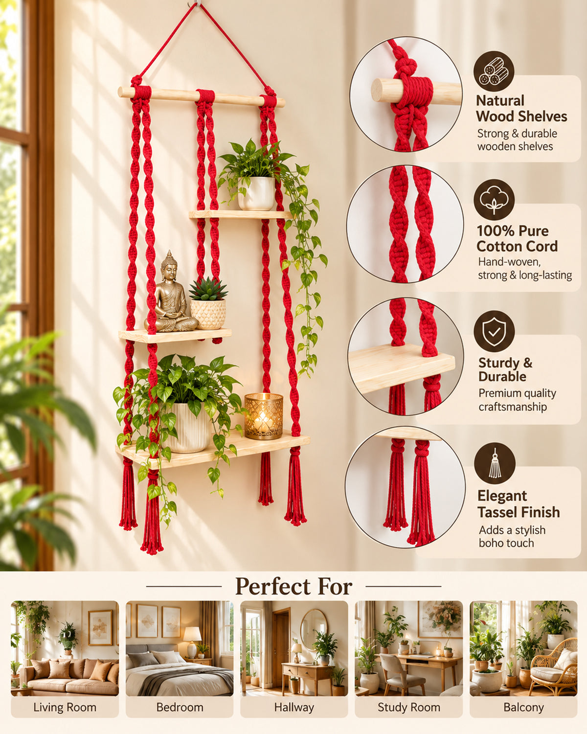 Macrame Hanging Shelf, Pine Wood Wall Shelves with Handmade Woven Hanger, 3 Tier Rope Floating Shelf for Photo Frames, Small Plants, Boho Home Decor Kitchen, Bathroom,Balcony, Home Storage