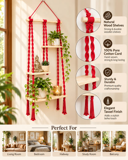 Macrame Hanging Shelf, Pine Wood Wall Shelves with Handmade Woven Hanger, 3 Tier Rope Floating Shelf for Photo Frames, Small Plants, Boho Home Decor Kitchen, Bathroom,Balcony, Home Storage