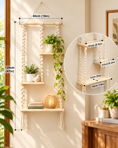 Macrame Hanging Shelf, Pine Wood Wall Shelves with Handmade Woven Hanger, 3 Tier Rope Floating Shelf for Photo Frames, Small Plants, Boho Home Decor Kitchen, Bathroom,Balcony, Home Storage