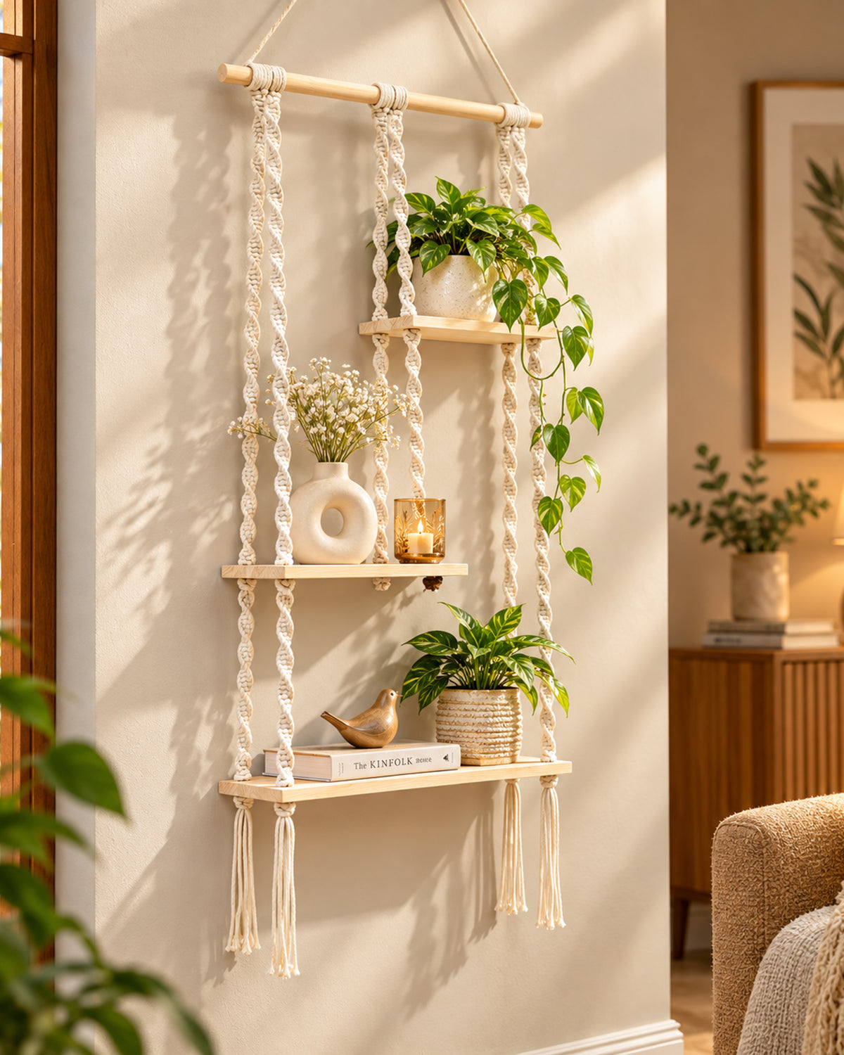 Macrame Hanging Shelf, Pine Wood Wall Shelves with Handmade Woven Hanger, 3 Tier Rope Floating Shelf for Photo Frames, Small Plants, Boho Home Decor Kitchen, Bathroom,Balcony, Home Storage