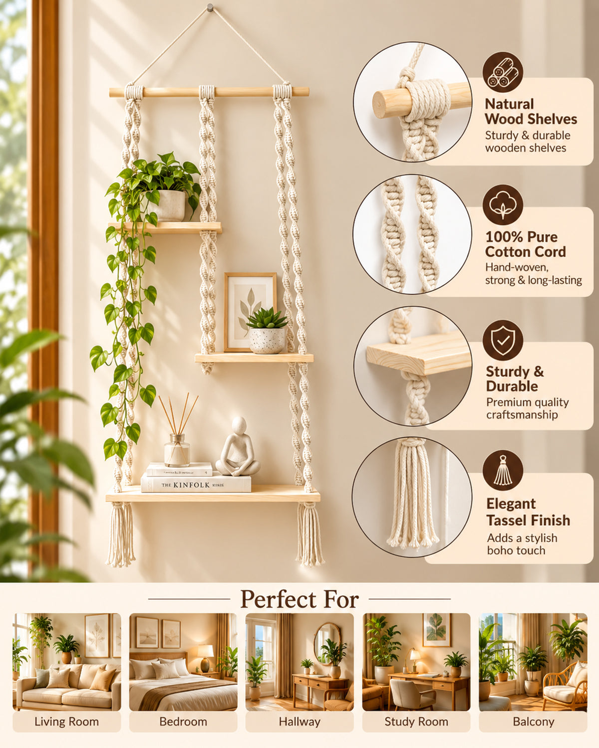 Macrame Hanging Shelf, Pine Wood Wall Shelves with Handmade Woven Hanger, 3 Tier Rope Floating Shelf for Photo Frames, Small Plants, Boho Home Decor Kitchen, Bathroom,Balcony, Home Storage
