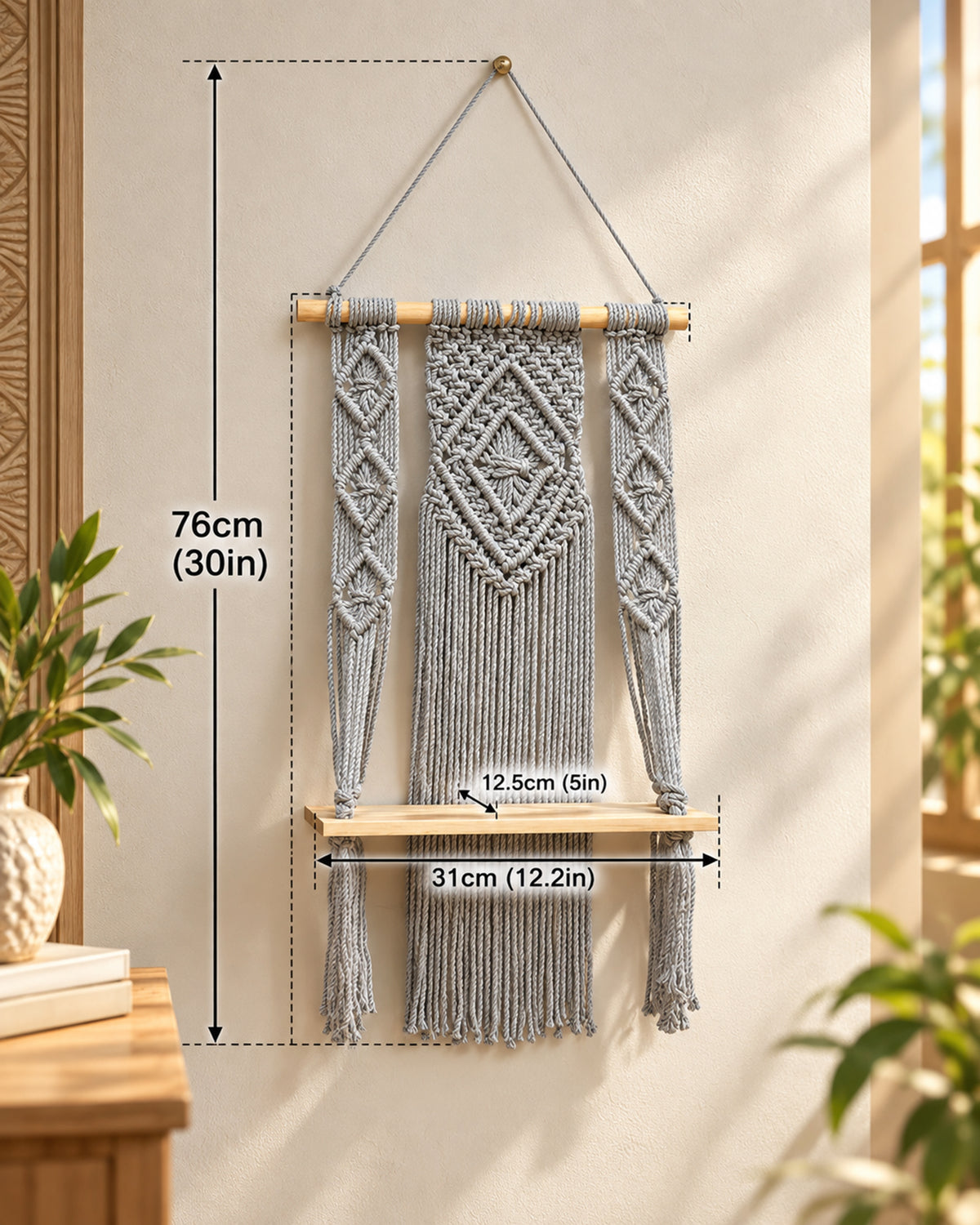 Macrame Wall Hanging Shelf Boho Decor Pine Wood Floating Shelf for Bedroom Living Room Nursery Bathroom, Handmade Woven Rope Storage Rack for Photo Frames Plant Display, Butterfly