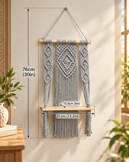 Macrame Wall Hanging Shelf Boho Decor Pine Wood Floating Shelf for Bedroom Living Room Nursery Bathroom, Handmade Woven Rope Storage Rack for Photo Frames Plant Display, Butterfly