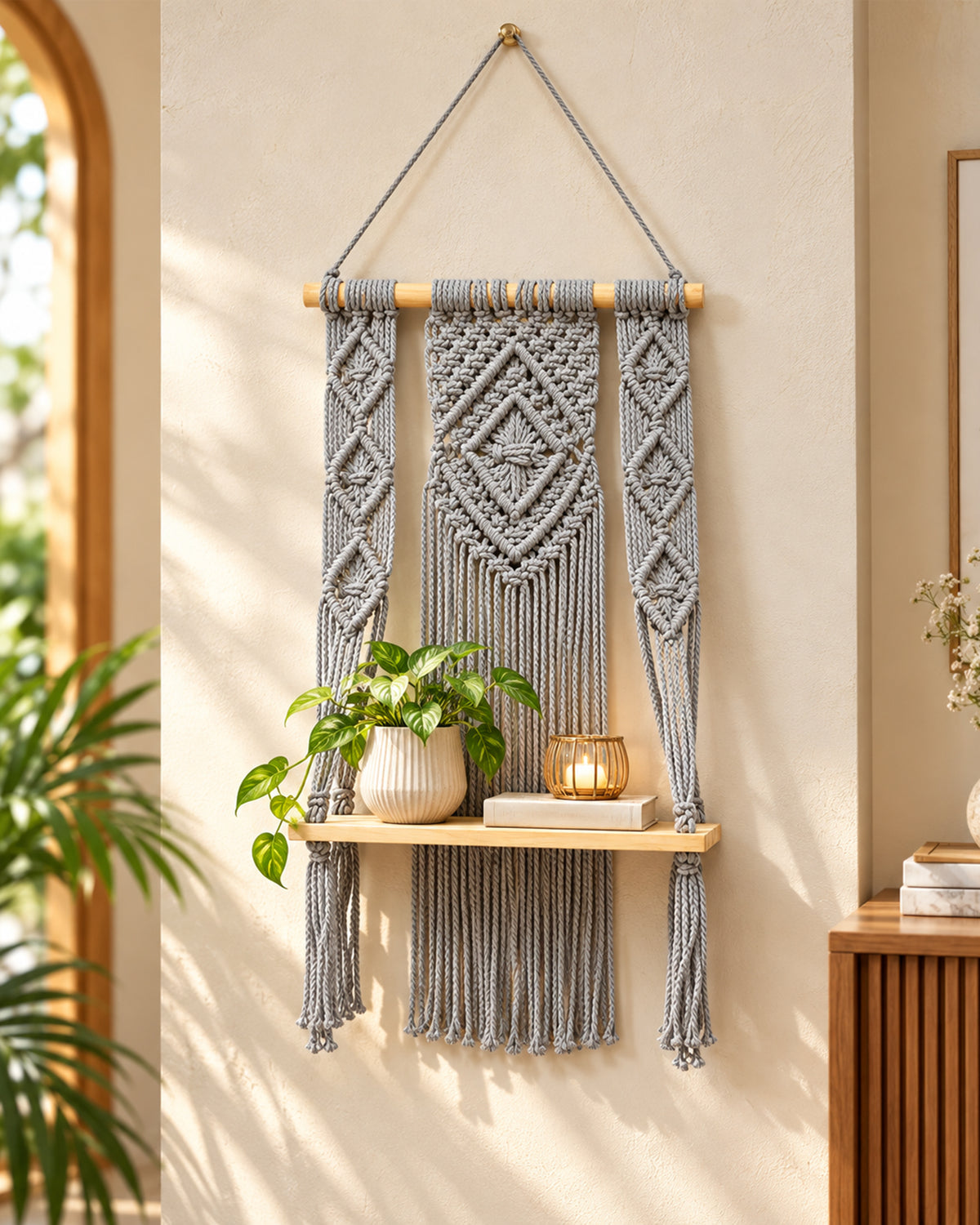 Macrame Wall Hanging Shelf Boho Decor Pine Wood Floating Shelf for Bedroom Living Room Nursery Bathroom, Handmade Woven Rope Storage Rack for Photo Frames Plant Display, Butterfly