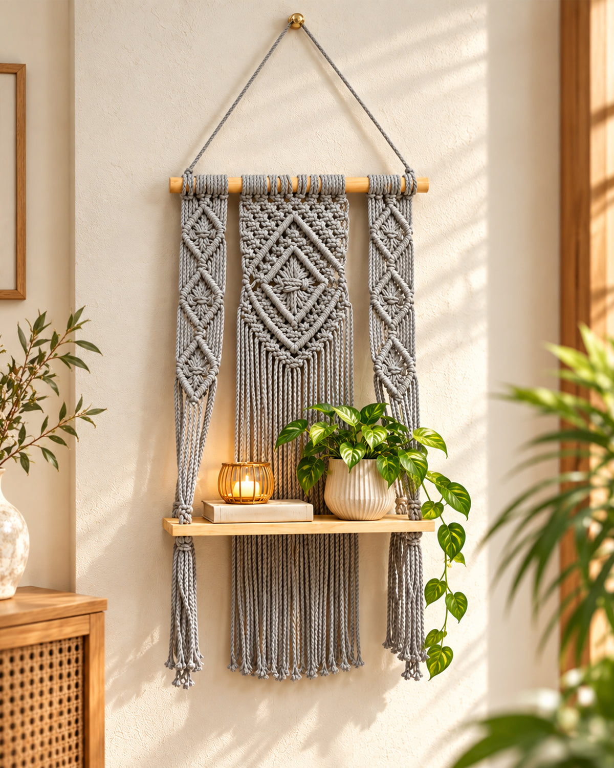 Macrame Wall Hanging Shelf Boho Decor Pine Wood Floating Shelf for Bedroom Living Room Nursery Bathroom, Handmade Woven Rope Storage Rack for Photo Frames Plant Display, Butterfly