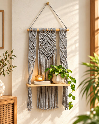 Macrame Wall Hanging Shelf Boho Decor Pine Wood Floating Shelf for Bedroom Living Room Nursery Bathroom, Handmade Woven Rope Storage Rack for Photo Frames Plant Display, Butterfly