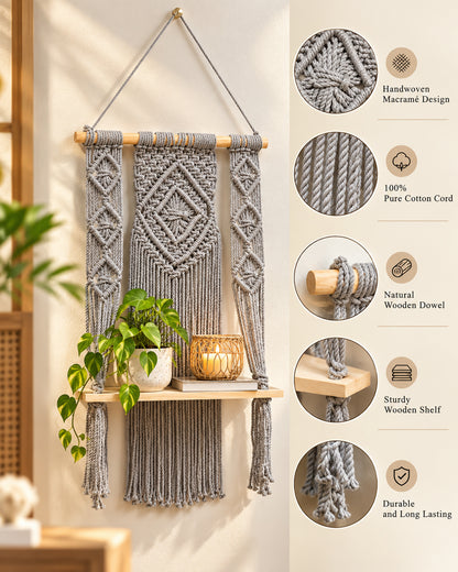 Macrame Wall Hanging Shelf Boho Decor Pine Wood Floating Shelf for Bedroom Living Room Nursery Bathroom, Handmade Woven Rope Storage Rack for Photo Frames Plant Display, Butterfly