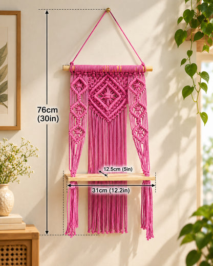 Macrame Wall Hanging Shelf Boho Decor Pine Wood Floating Shelf for Bedroom Living Room Nursery Bathroom, Handmade Woven Rope Storage Rack for Photo Frames Plant Display, Butterfly