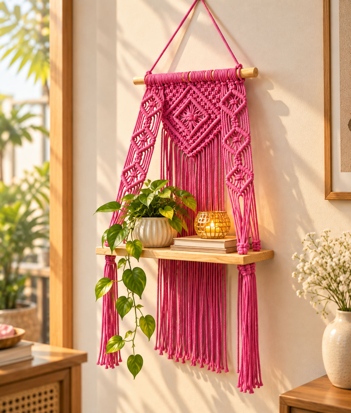 Macrame Wall Hanging Shelf Boho Decor Pine Wood Floating Shelf for Bedroom Living Room Nursery Bathroom, Handmade Woven Rope Storage Rack for Photo Frames Plant Display, Butterfly