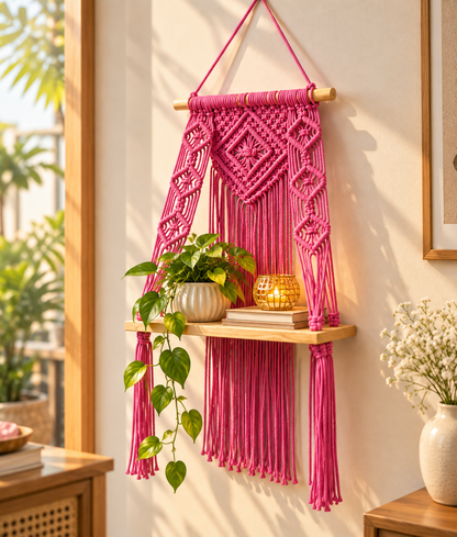 Macrame Wall Hanging Shelf Boho Decor Pine Wood Floating Shelf for Bedroom Living Room Nursery Bathroom, Handmade Woven Rope Storage Rack for Photo Frames Plant Display, Butterfly