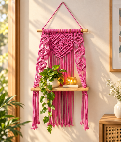 Macrame Wall Hanging Shelf Boho Decor Pine Wood Floating Shelf for Bedroom Living Room Nursery Bathroom, Handmade Woven Rope Storage Rack for Photo Frames Plant Display, Butterfly