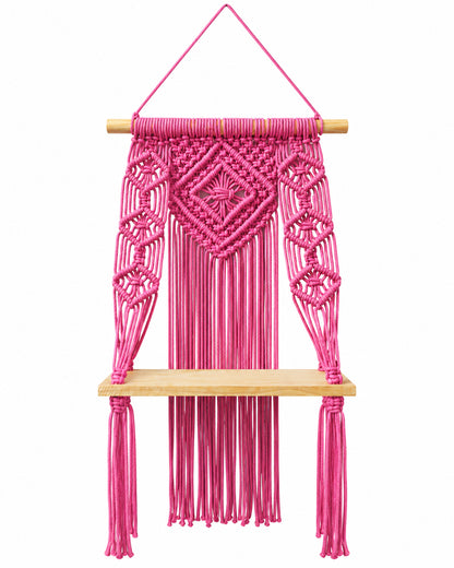 Macrame Wall Hanging Shelf Boho Decor Pine Wood Floating Shelf for Bedroom Living Room Nursery Bathroom, Handmade Woven Rope Storage Rack for Photo Frames Plant Display, Butterfly