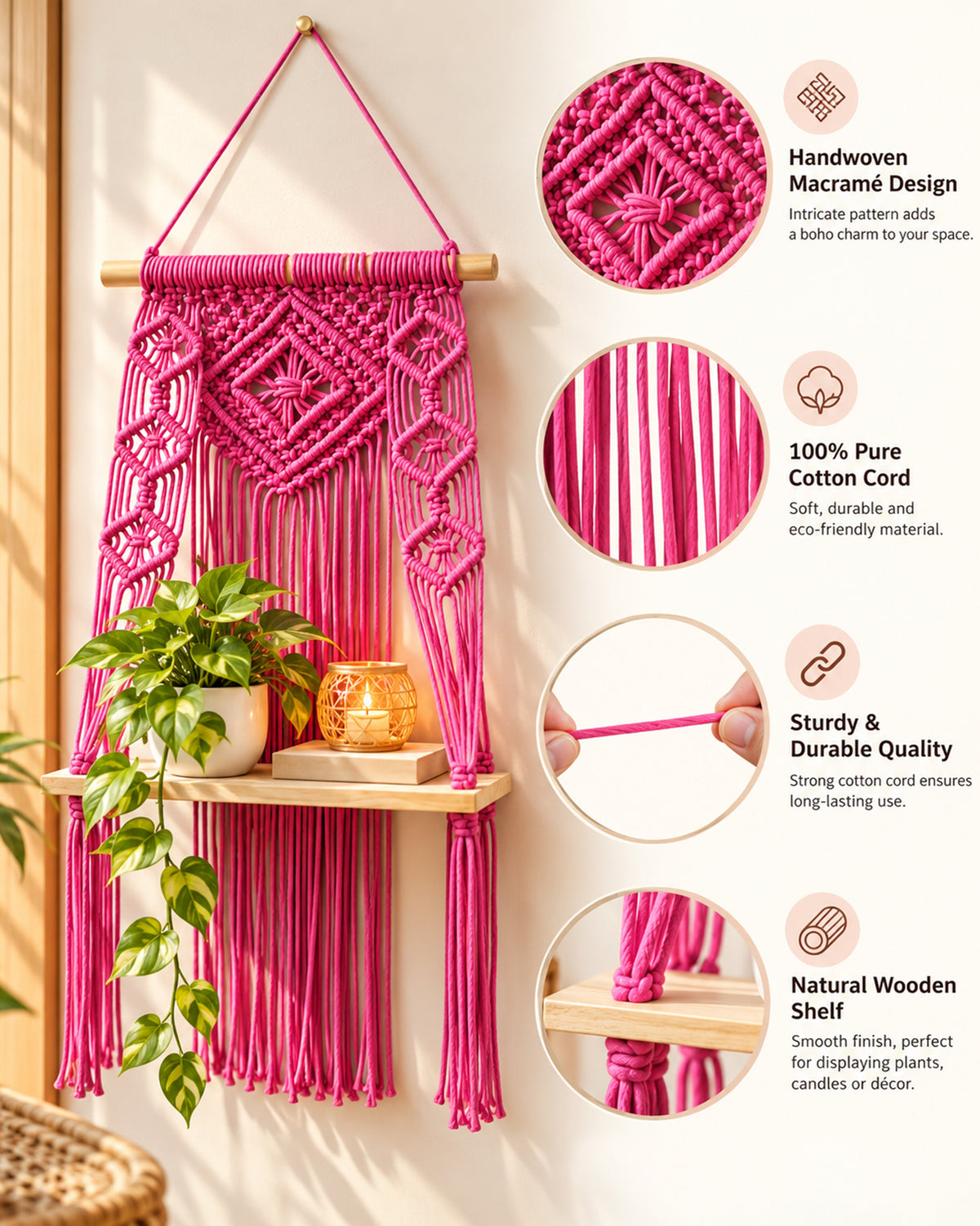 Macrame Wall Hanging Shelf Boho Decor Pine Wood Floating Shelf for Bedroom Living Room Nursery Bathroom, Handmade Woven Rope Storage Rack for Photo Frames Plant Display, Butterfly