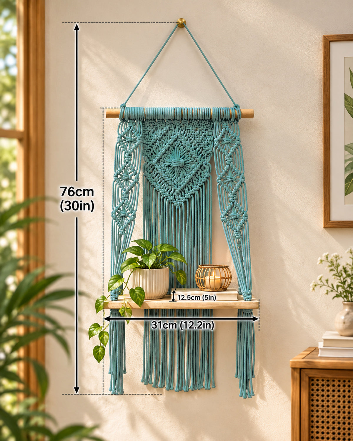 Macrame Wall Hanging Shelf Boho Decor Pine Wood Floating Shelf for Bedroom Living Room Nursery Bathroom, Handmade Woven Rope Storage Rack for Photo Frames Plant Display, Butterfly