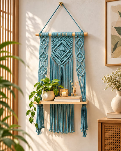 Macrame Wall Hanging Shelf Boho Decor Pine Wood Floating Shelf for Bedroom Living Room Nursery Bathroom, Handmade Woven Rope Storage Rack for Photo Frames Plant Display, Butterfly