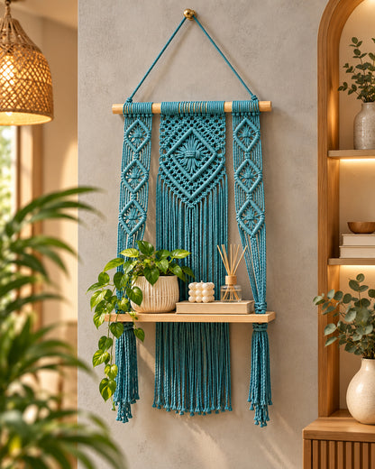 Macrame Wall Hanging Shelf Boho Decor Pine Wood Floating Shelf for Bedroom Living Room Nursery Bathroom, Handmade Woven Rope Storage Rack for Photo Frames Plant Display, Butterfly