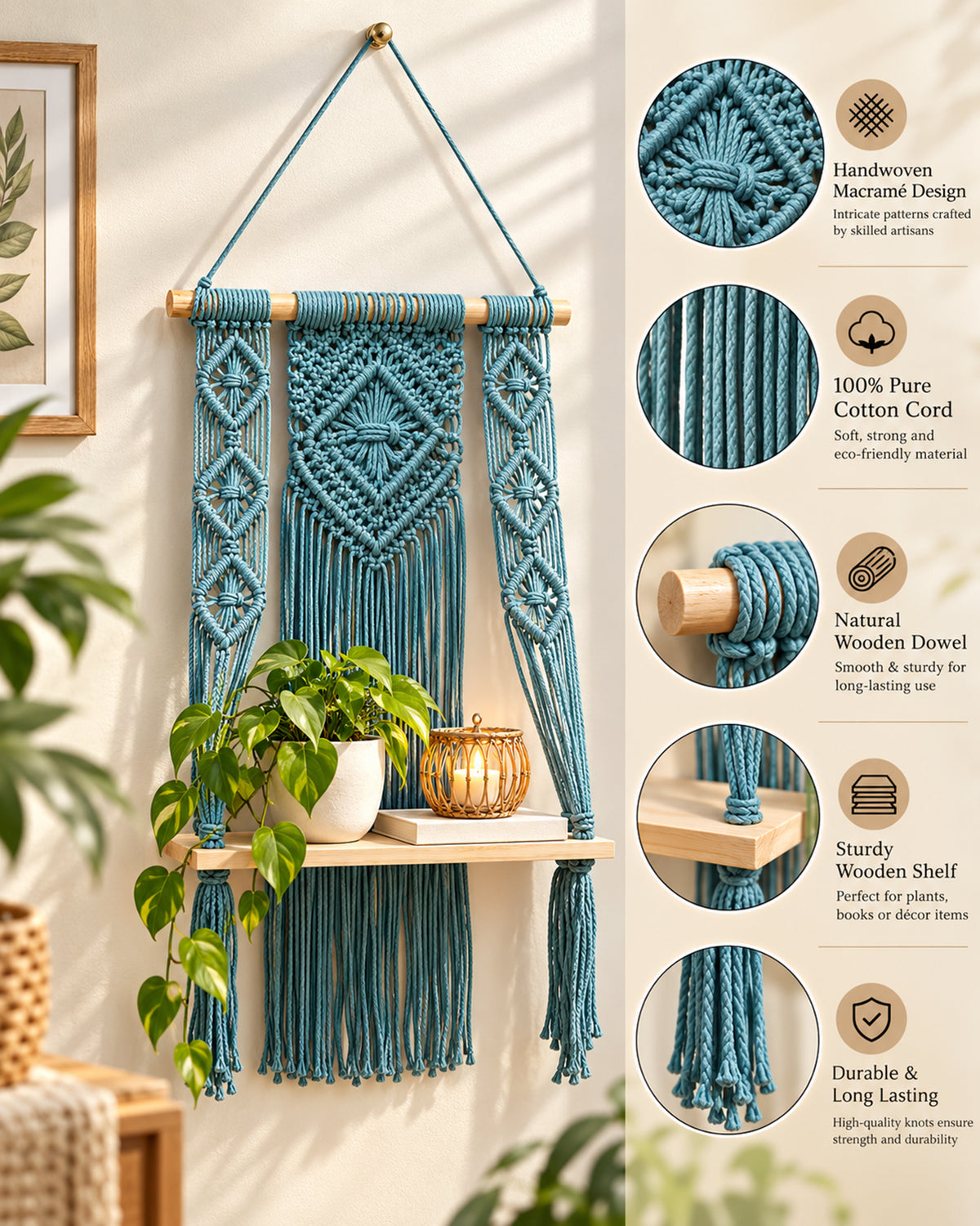 Macrame Wall Hanging Shelf Boho Decor Pine Wood Floating Shelf for Bedroom Living Room Nursery Bathroom, Handmade Woven Rope Storage Rack for Photo Frames Plant Display, Butterfly