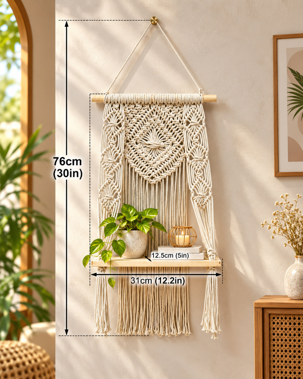 Macrame Wall Hanging Shelf Boho Decor Pine Wood Floating Shelf for Bedroom Living Room Nursery Bathroom, Handmade Woven Rope Storage Rack for Photo Frames Plant Display, Butterfly