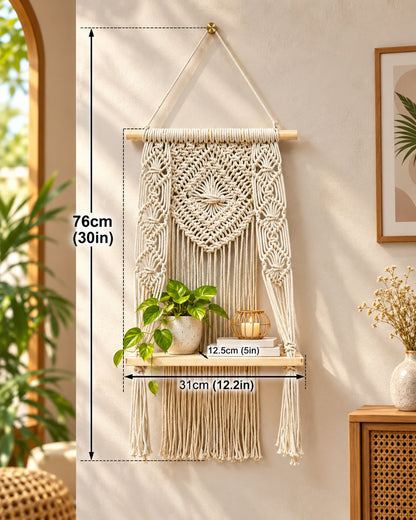 Macrame Wall Hanging Shelf Boho Decor Pine Wood Floating Shelf for Bedroom Living Room Nursery Bathroom, Handmade Woven Rope Storage Rack for Photo Frames Plant Display, Butterfly