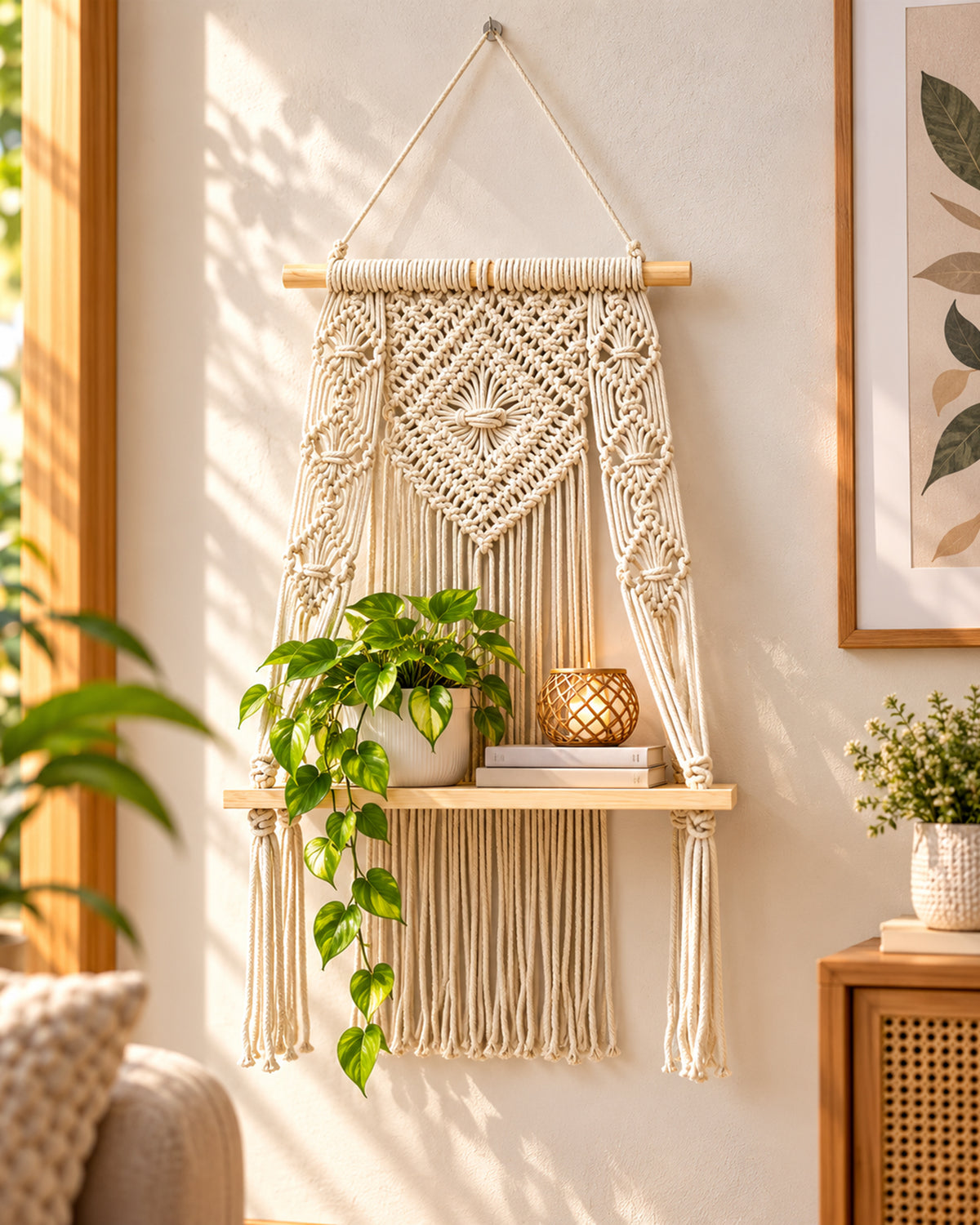 Macrame Wall Hanging Shelf Boho Decor Pine Wood Floating Shelf for Bedroom Living Room Nursery Bathroom, Handmade Woven Rope Storage Rack for Photo Frames Plant Display, Butterfly