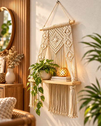 Macrame Wall Hanging Shelf Boho Decor Pine Wood Floating Shelf for Bedroom Living Room Nursery Bathroom, Handmade Woven Rope Storage Rack for Photo Frames Plant Display, Butterfly
