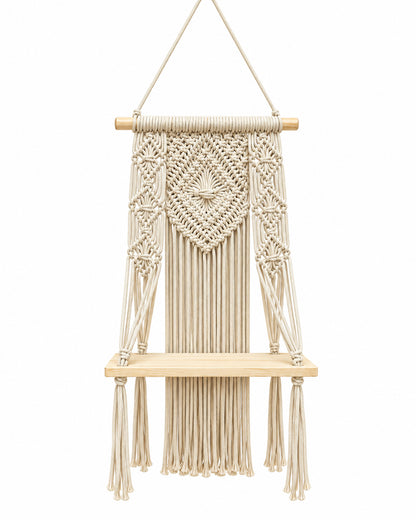 Macrame Wall Hanging Shelf Boho Decor Pine Wood Floating Shelf for Bedroom Living Room Nursery Bathroom, Handmade Woven Rope Storage Rack for Photo Frames Plant Display, Butterfly