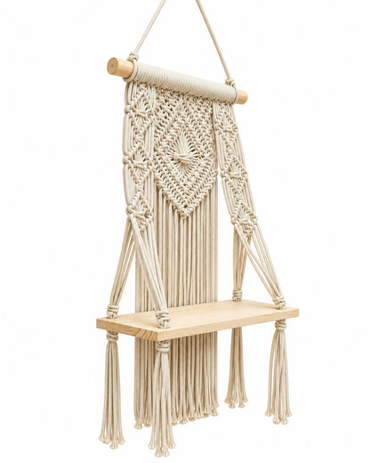Macrame Wall Hanging Shelf Boho Decor Pine Wood Floating Shelf for Bedroom Living Room Nursery Bathroom, Handmade Woven Rope Storage Rack for Photo Frames Plant Display, Butterfly
