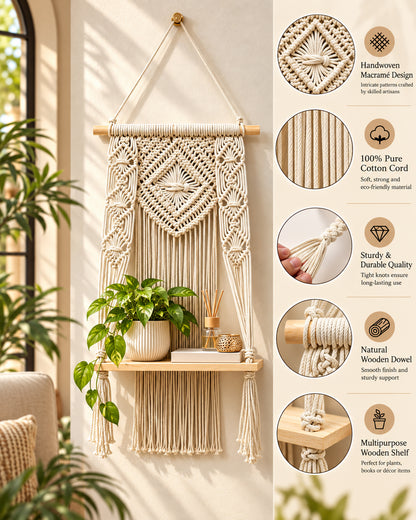 Macrame Wall Hanging Shelf Boho Decor Pine Wood Floating Shelf for Bedroom Living Room Nursery Bathroom, Handmade Woven Rope Storage Rack for Photo Frames Plant Display, Butterfly