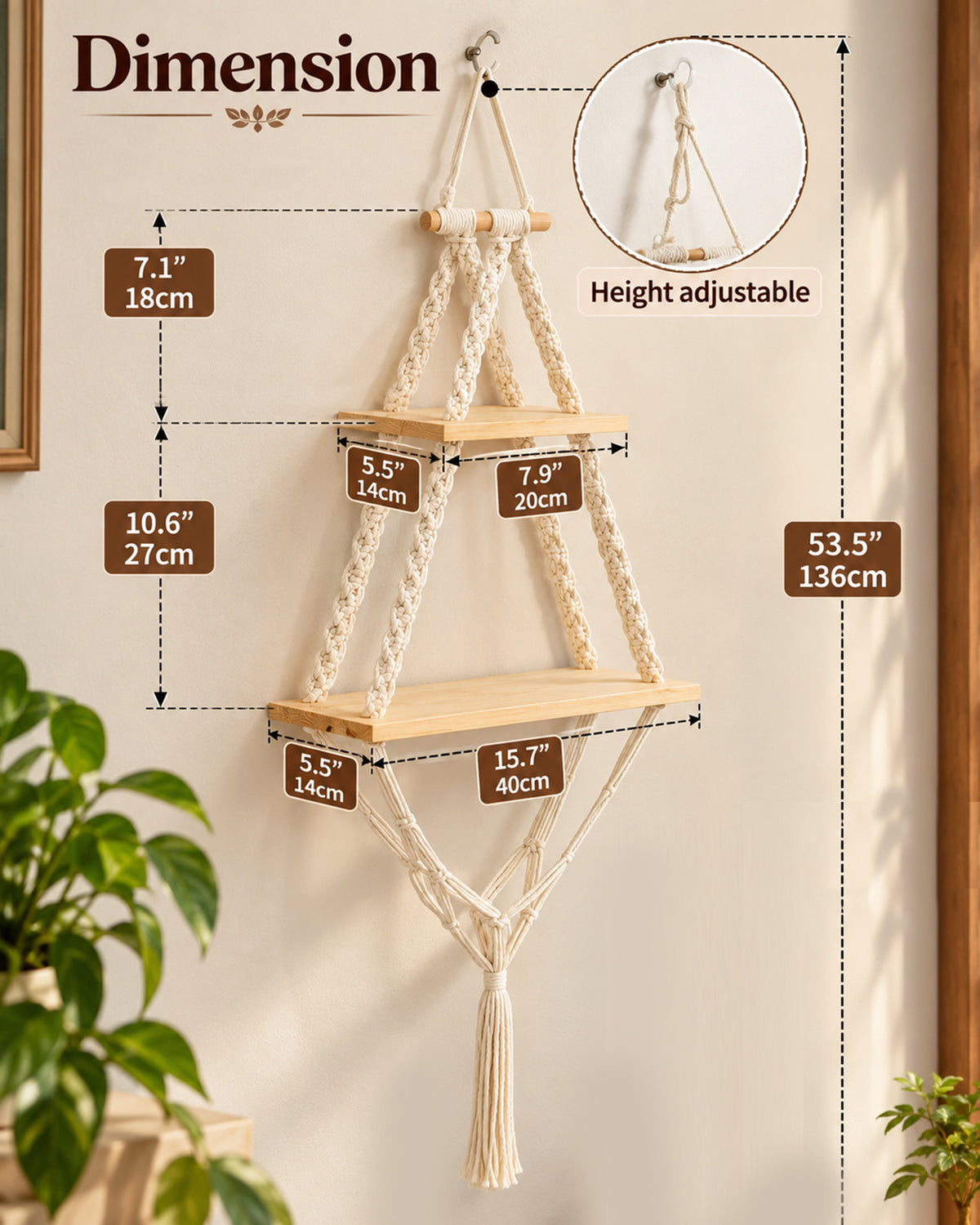 Macrame Hanging Shelves 2 Tiers Floating Shelf Natural Wood Wall Shelves Chic Boho Decor, Pine Wood Cotton Rope Bohemian Floating Plants Storage for Bedroom Bathroom Living Room, Beige