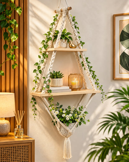 Macrame Hanging Shelves 2 Tiers Floating Shelf Natural Wood Wall Shelves Chic Boho Decor, Pine Wood Cotton Rope Bohemian Floating Plants Storage for Bedroom Bathroom Living Room, Beige