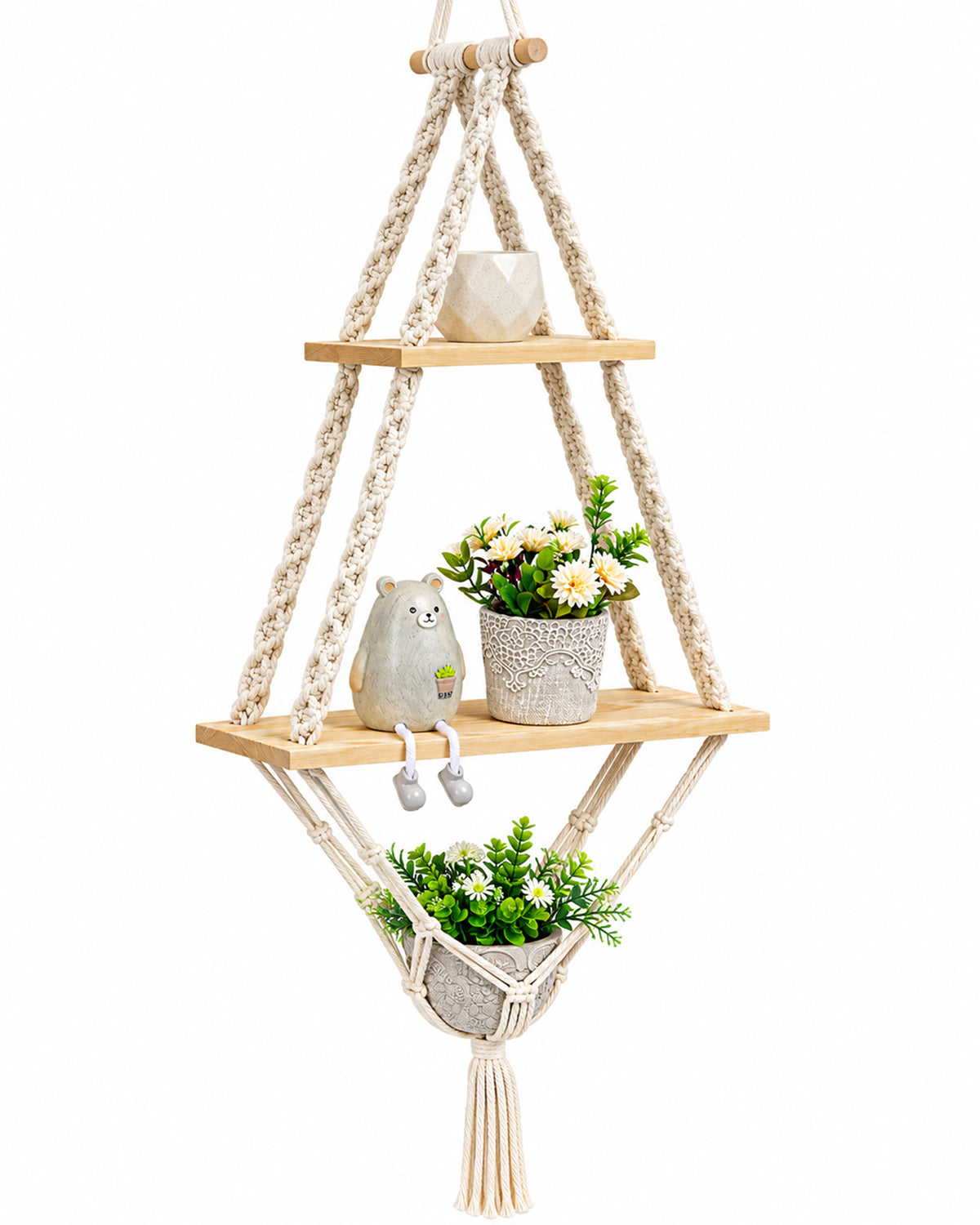 Macrame Hanging Shelves 2 Tiers Floating Shelf Natural Wood Wall Shelves Chic Boho Decor, Pine Wood Cotton Rope Bohemian Floating Plants Storage for Bedroom Bathroom Living Room, Beige