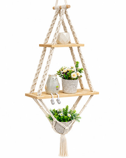 Macrame Hanging Shelves 2 Tiers Floating Shelf Natural Wood Wall Shelves Chic Boho Decor, Pine Wood Cotton Rope Bohemian Floating Plants Storage for Bedroom Bathroom Living Room, Beige